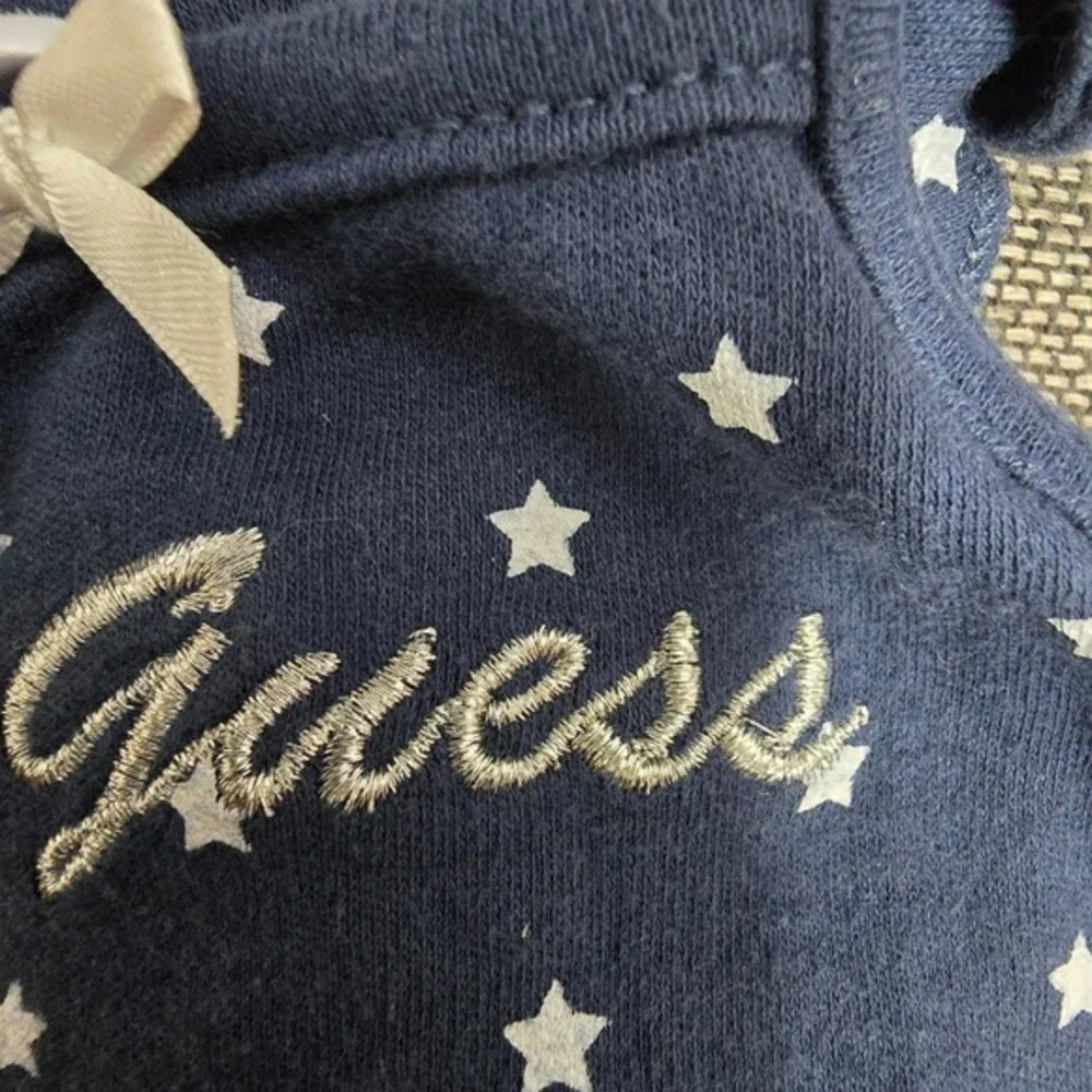 Baby Guess Navy‎ Blue Star Print Ruffle Strap Bodysuit 12M Silver Logo